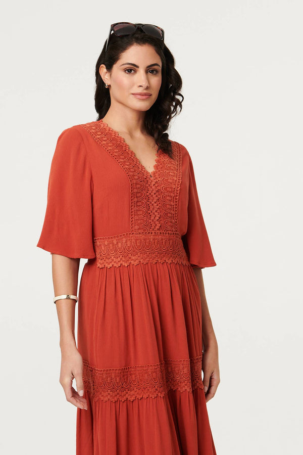 Orange | Lace Trim Tiered 1/2 Sleeve Maxi Dress