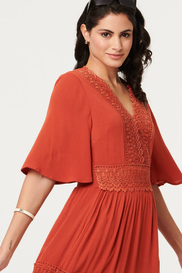 Orange | Lace Trim Tiered 1/2 Sleeve Maxi Dress
