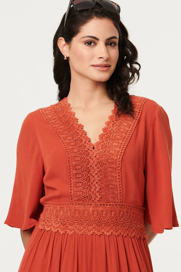 Orange | Lace Trim Tiered 1/2 Sleeve Maxi Dress