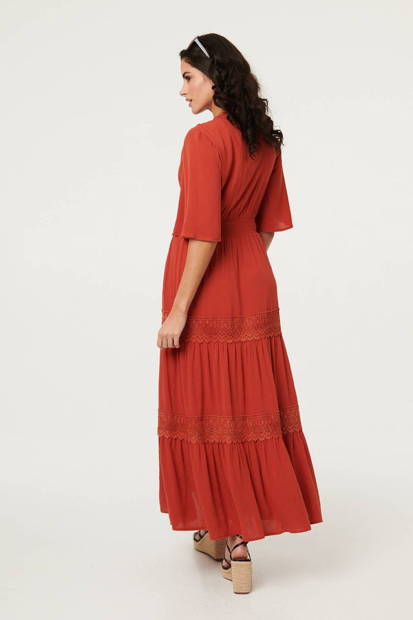 Orange | Lace Trim Tiered 1/2 Sleeve Maxi Dress