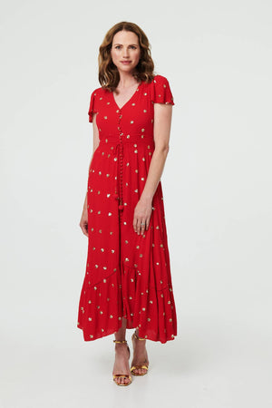 Red | Sparkly Cap Sleeve Tassel Tie Maxi Dress
