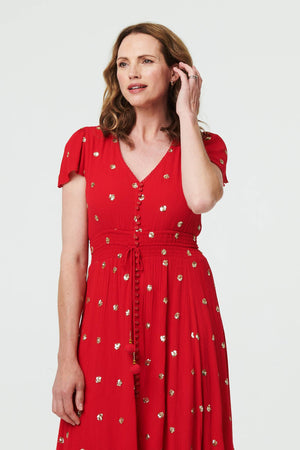 Red | Sparkly Cap Sleeve Tassel Tie Maxi Dress
