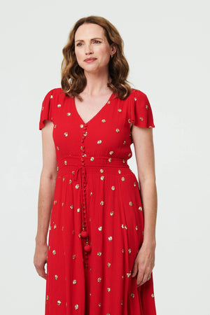 Red | Sparkly Cap Sleeve Tassel Tie Maxi Dress
