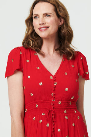 Red | Sparkly Cap Sleeve Tassel Tie Maxi Dress
