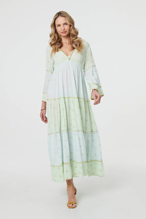 Green | Embellished Tiered Empire Maxi Dress : Model is 5'10