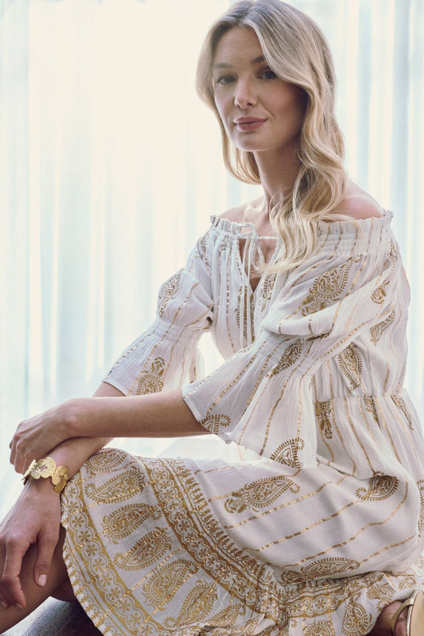 Cream | Ikat Print Knee Length Bardot Dress : Model is 5'9"/175 cm and wears UK8/EU36/US4/AUS8