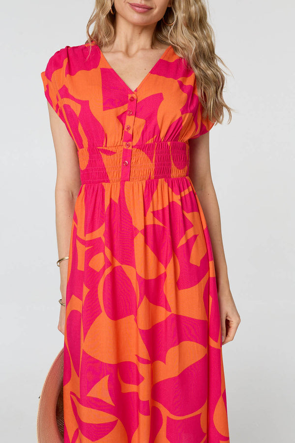 Pink | Abstract Cap Sleeve Shirred Midi Dress