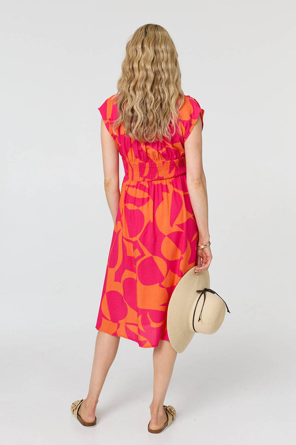 Pink | Abstract Cap Sleeve Shirred Midi Dress