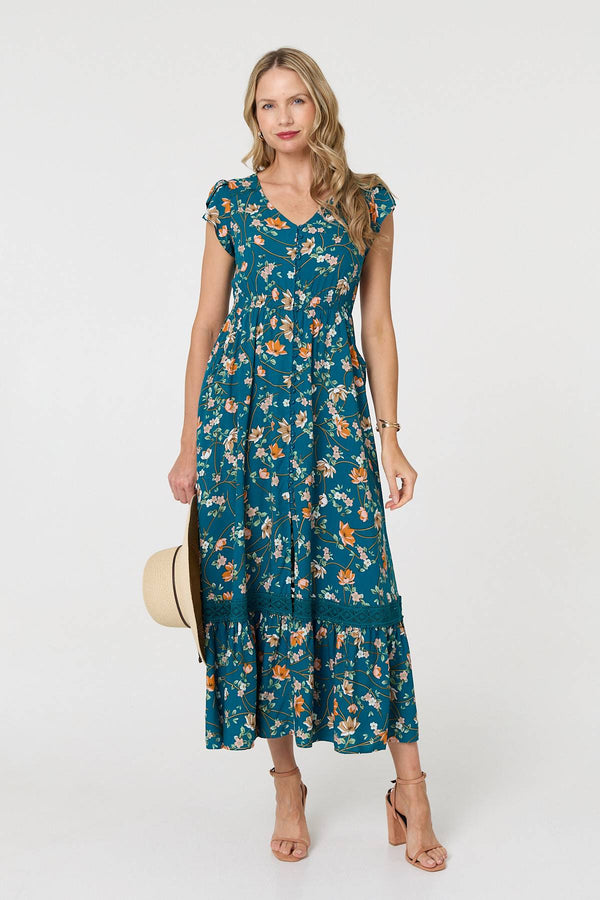 Teal | Floral Cap Sleeve Lace Trim Maxi Dress
