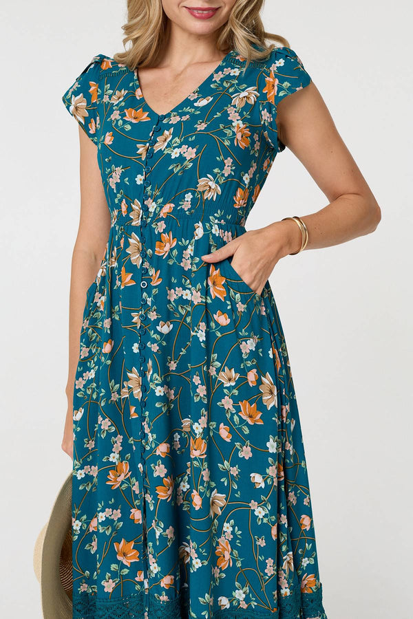 Teal | Floral Cap Sleeve Lace Trim Maxi Dress
