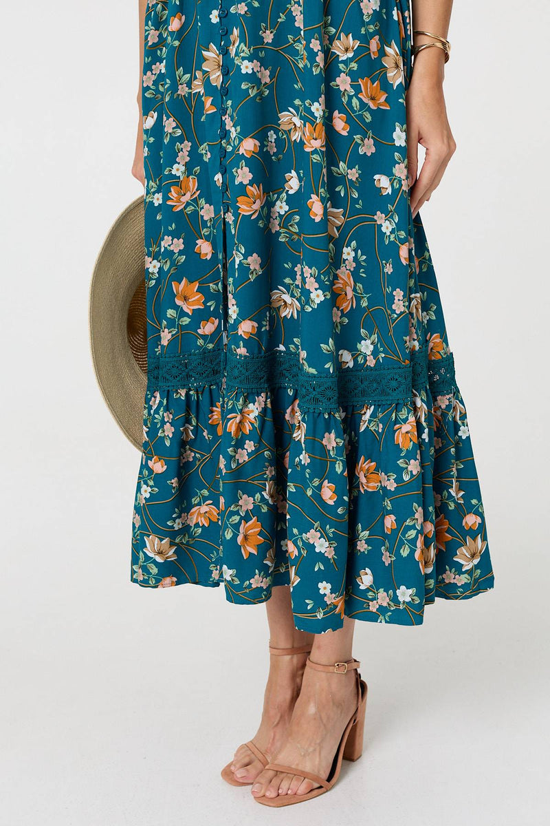 Floral Cap Sleeve Lace Trim Maxi Dress | Izabel London