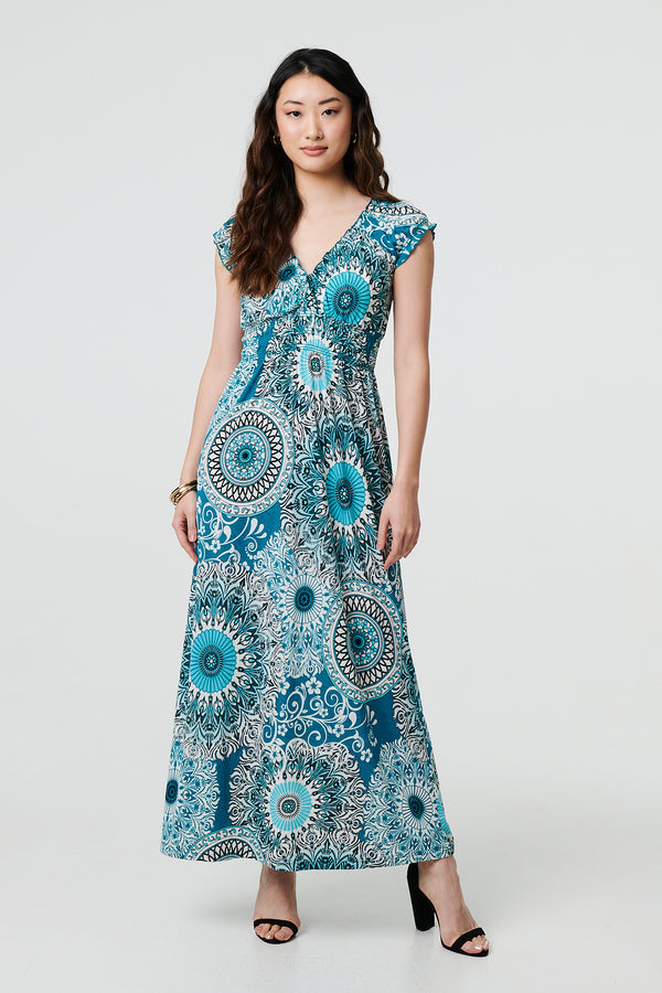 Green | Mosaic Print Cap Sleeve Empire Maxi Dress
