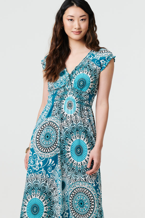 Green | Mosaic Print Cap Sleeve Empire Maxi Dress
