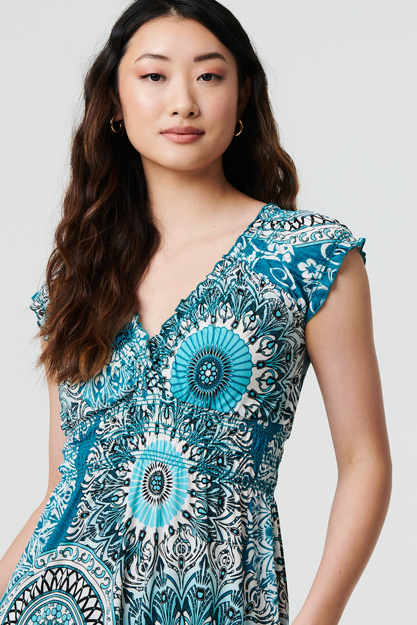 Green | Mosaic Print Cap Sleeve Empire Maxi Dress
