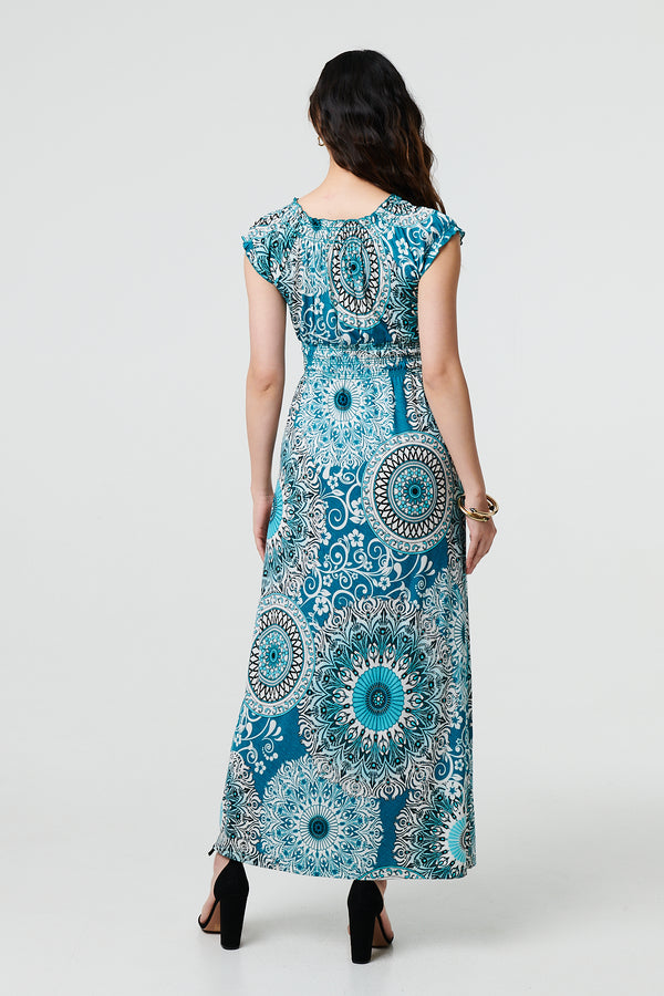 Green | Mosaic Print Cap Sleeve Empire Maxi Dress
