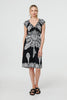 Black | Printed Shirred Cap Sleeve Knee Length Dress
