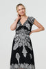 Black | Printed Shirred Cap Sleeve Knee Length Dress
