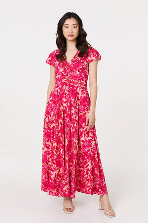 Pink | Floral Cap Sleeve Ruched Maxi Dress
