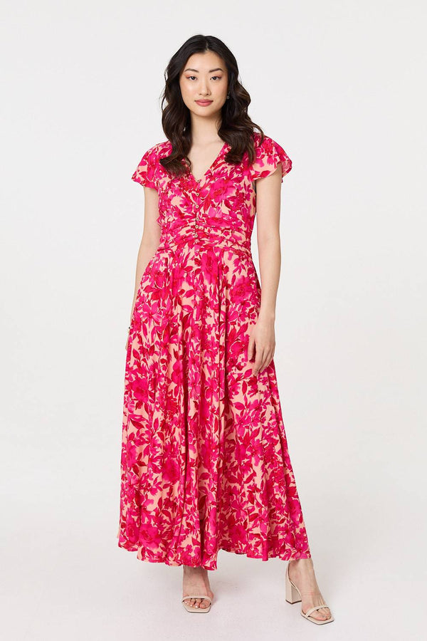 Pink | Floral Cap Sleeve Ruched Maxi Dress
