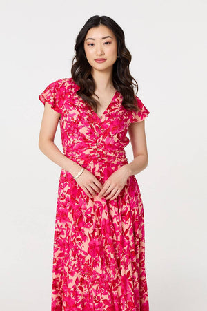 Pink | Floral Cap Sleeve Ruched Maxi Dress
