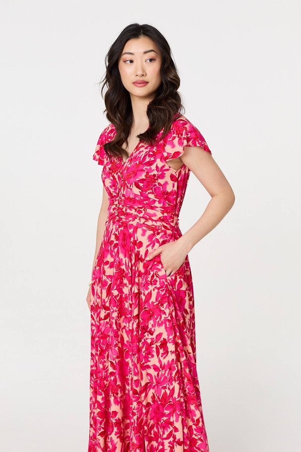 Pink | Floral Cap Sleeve Ruched Maxi Dress
