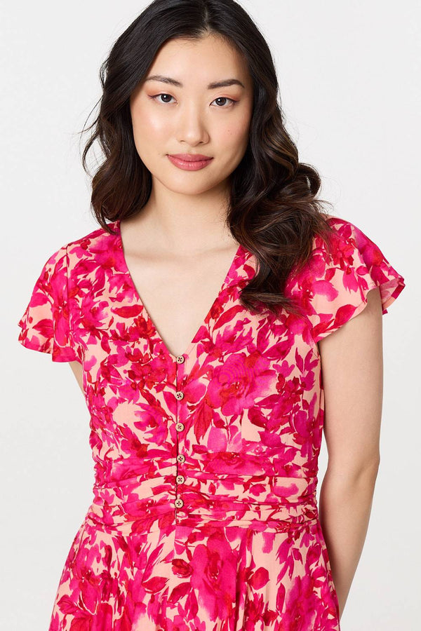 Pink | Floral Cap Sleeve Ruched Maxi Dress
