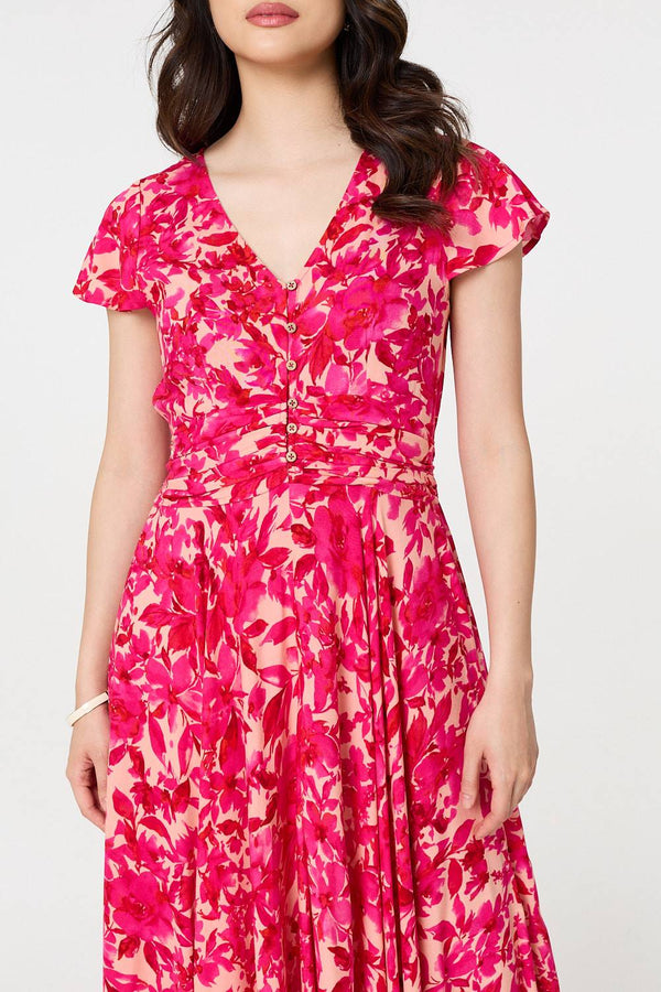 Pink | Floral Cap Sleeve Ruched Maxi Dress
