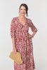 Red | Printed Ruched 3/4 Sleeve Midi Dress

