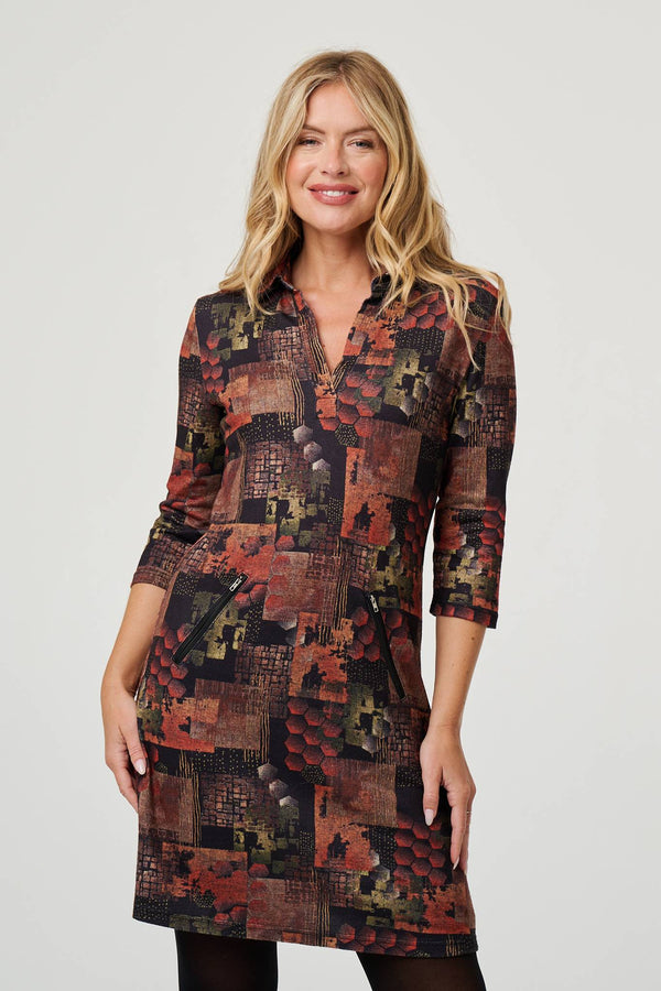Brown | Printed 3/4 Sleeve Collared Short Dress
