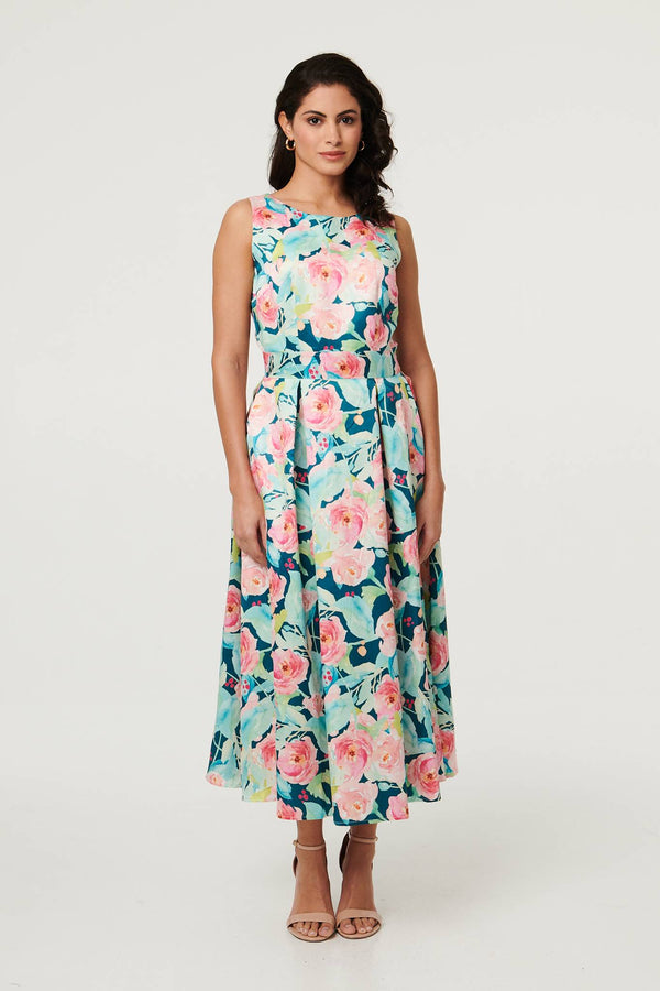 Blue | Floral Sleeveless Pleat Front Midi Dress