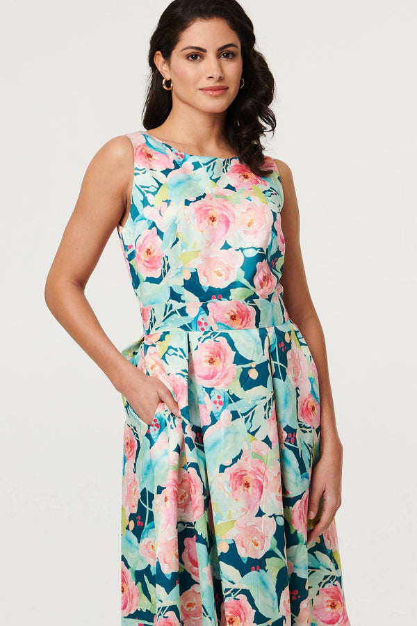 Blue | Floral Sleeveless Pleat Front Midi Dress