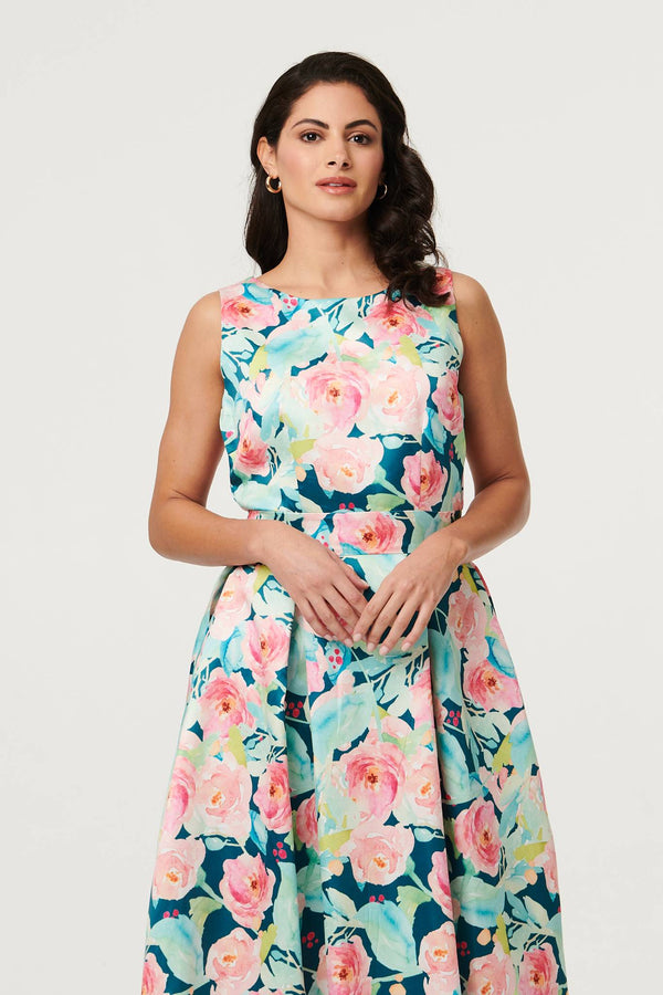 Blue | Floral Sleeveless Pleat Front Midi Dress