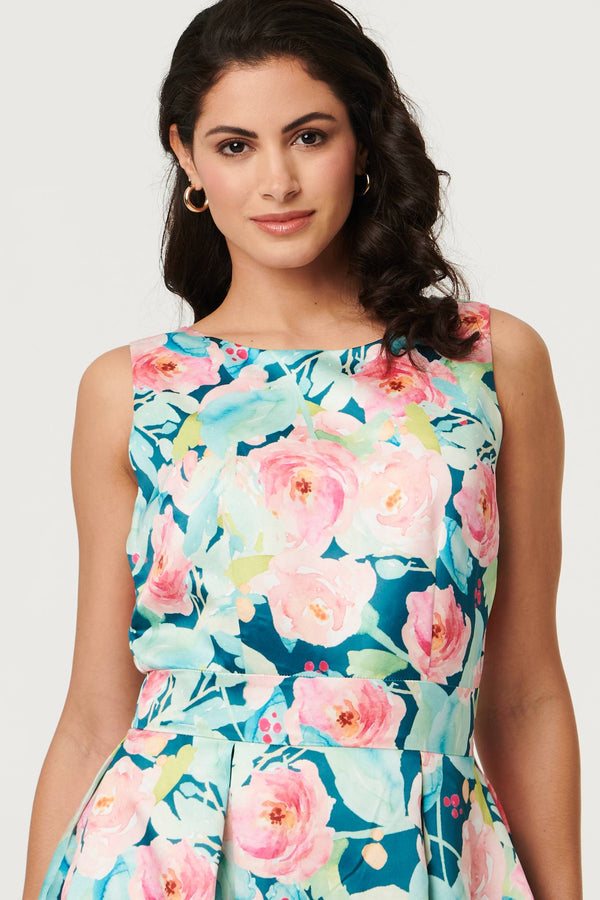 Blue | Floral Sleeveless Pleat Front Midi Dress