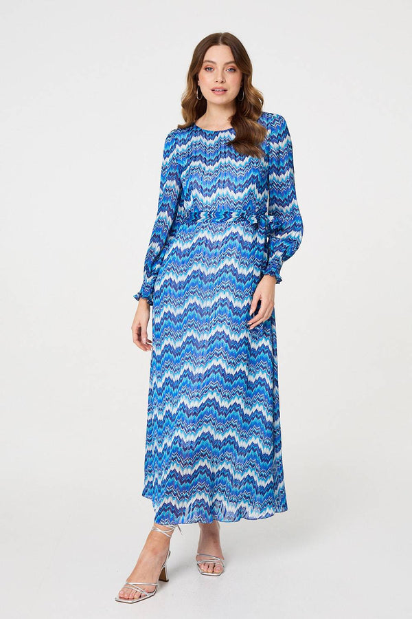 Navy | Printed Long Sleeve Tie Waist Dress
