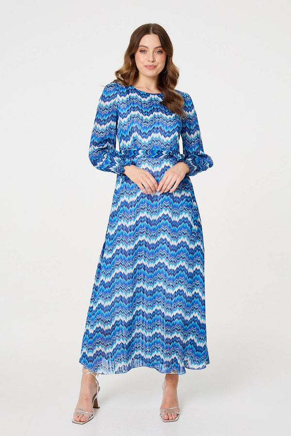 Navy | Printed Long Sleeve Tie Waist Dress
