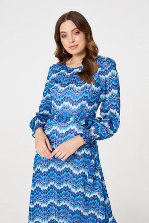 Navy | Printed Long Sleeve Tie Waist Dress
