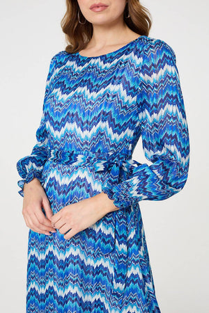 Navy | Printed Long Sleeve Tie Waist Dress
