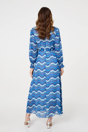 Navy | Printed Long Sleeve Tie Waist Dress
