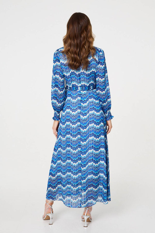 Navy | Printed Long Sleeve Tie Waist Dress
