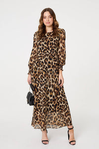Brown | Animal Print Sheer Layered Maxi Dress
