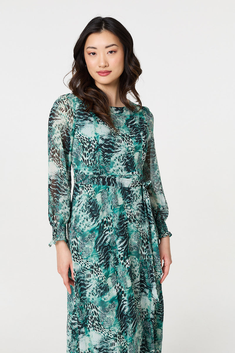 green animal print dress uk Maya Shirring Short Sleeve Dress - Green Leopard - Women's Dresses