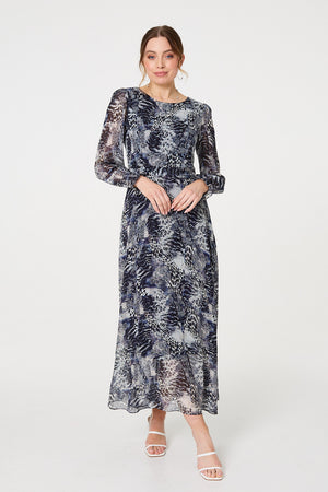 Navy | Animal Print Semi Sheer Maxi Dress : Model is 5'9