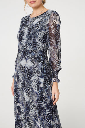 Navy | Animal Print Semi Sheer Maxi Dress
