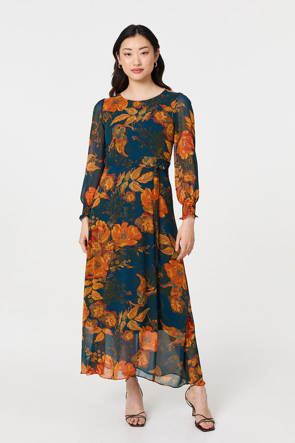 Orange | Floral Semi Sheer Tie Waist Maxi Dress
