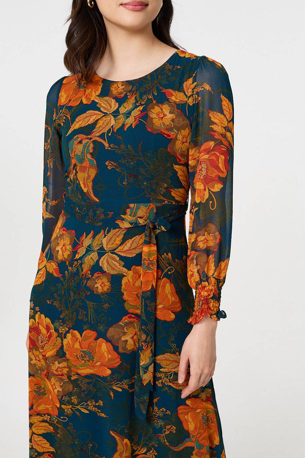 Orange | Floral Semi Sheer Tie Waist Maxi Dress
