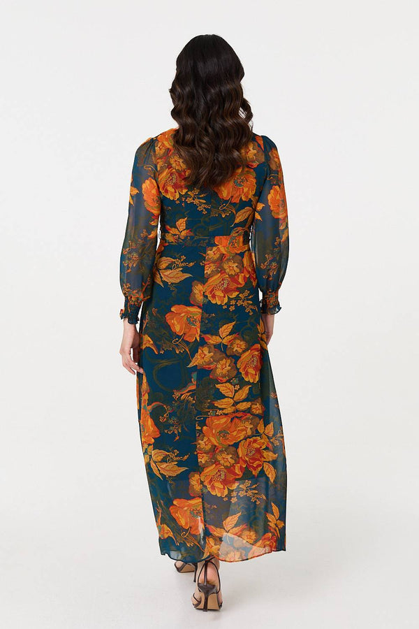 Orange | Floral Semi Sheer Tie Waist Maxi Dress
