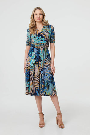 Blue | Leaf Print Wrap Front Pleat Midi Dress
