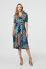 Blue | Leaf Print Wrap Front Pleat Midi Dress
