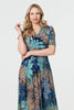 Blue | Leaf Print Wrap Front Pleat Midi Dress
