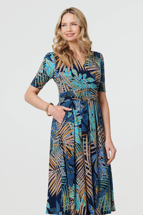 Blue | Leaf Print Wrap Front Pleat Midi Dress
